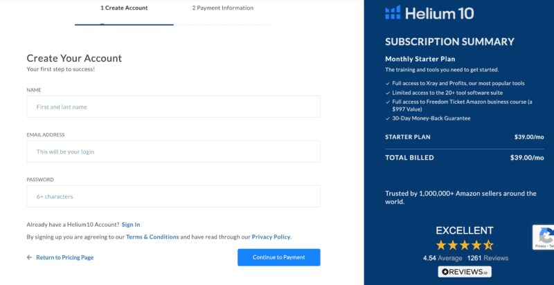 helium 10 sign up form