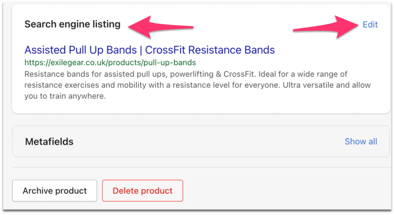 Shopify search engine listing & edit