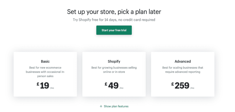 UK Shopify pricing plans image