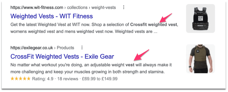 bolded keyword in the SERPs image
