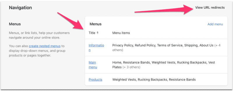 menus and redirect pages in shopify